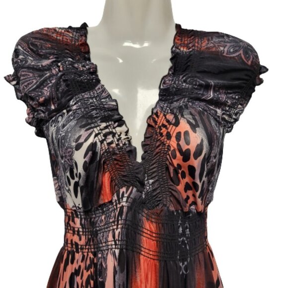 ORANGE and Black Short Sleeve Ruched Stretchy V Neck Summer Maxi Long Dress - Picture 2 of 16